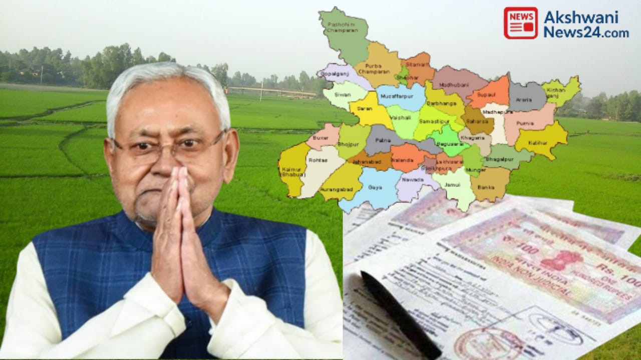बिहार के मुख्यमंत्री, राज्य का नक्शा और ज़मीन से जुड़े दस्तावेज़ एक साथ दिखाते हुए चित्र