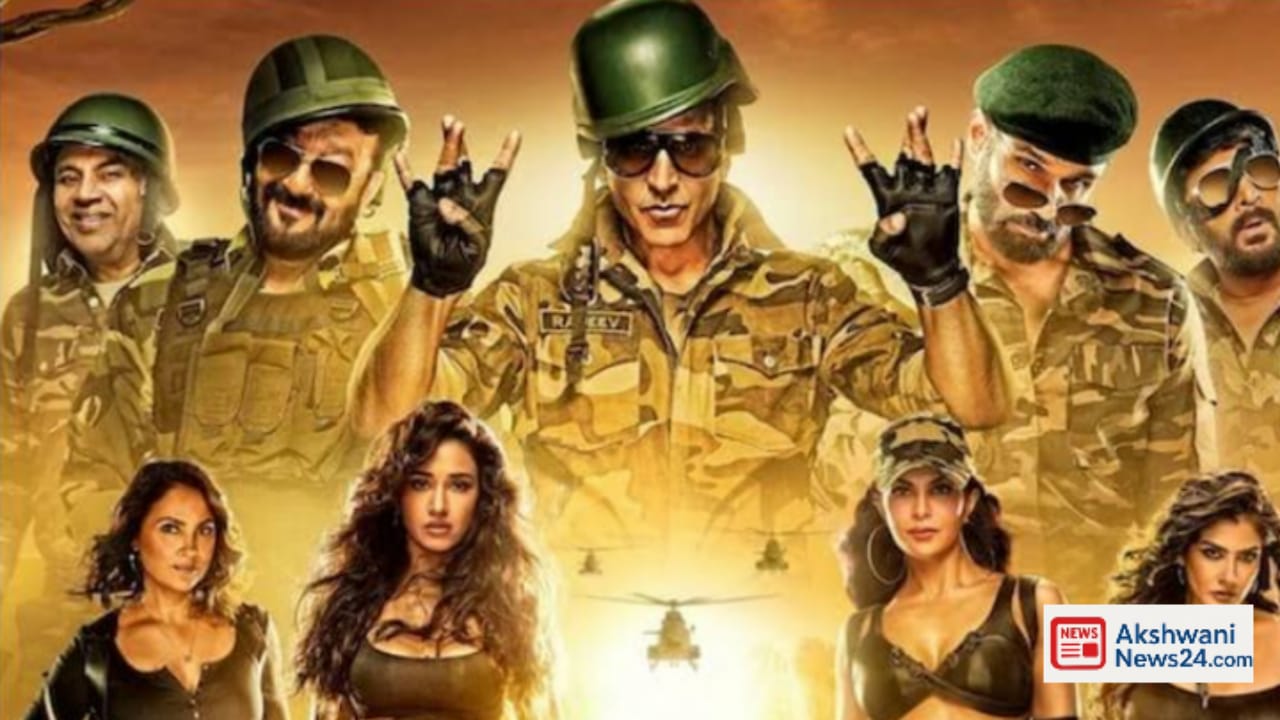 "Poster of Bollywood action-comedy film featuring Akshay Kumar and ensemble cast in military attire"