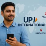 भारतीय युवक UPI इंटरनेशनल पेमेंट सेवा के साथ, बैकग्राउंड में वर्ल्ड मैप और UAE, सिंगापुर, फ्रांस के लोकेशन मार्क