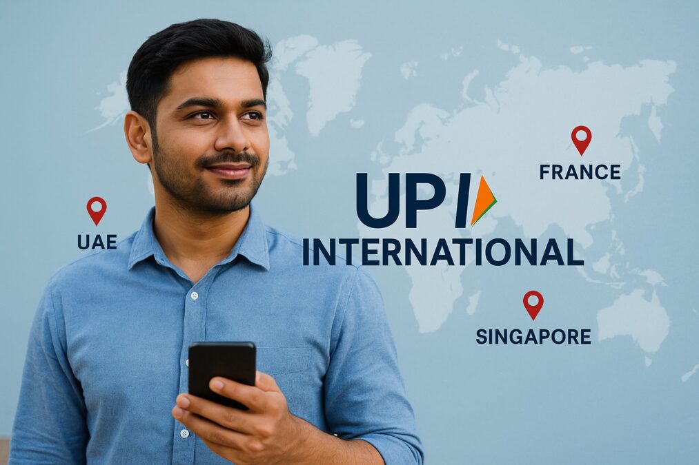 भारतीय युवक UPI इंटरनेशनल पेमेंट सेवा के साथ, बैकग्राउंड में वर्ल्ड मैप और UAE, सिंगापुर, फ्रांस के लोकेशन मार्क