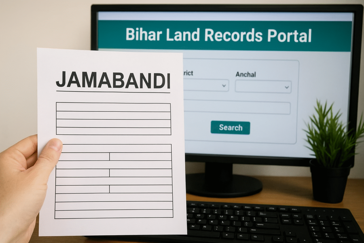 “जमाबंदी की प्रति और बिहार लैंड रिकॉर्ड्स पोर्टल स्क्रीन”