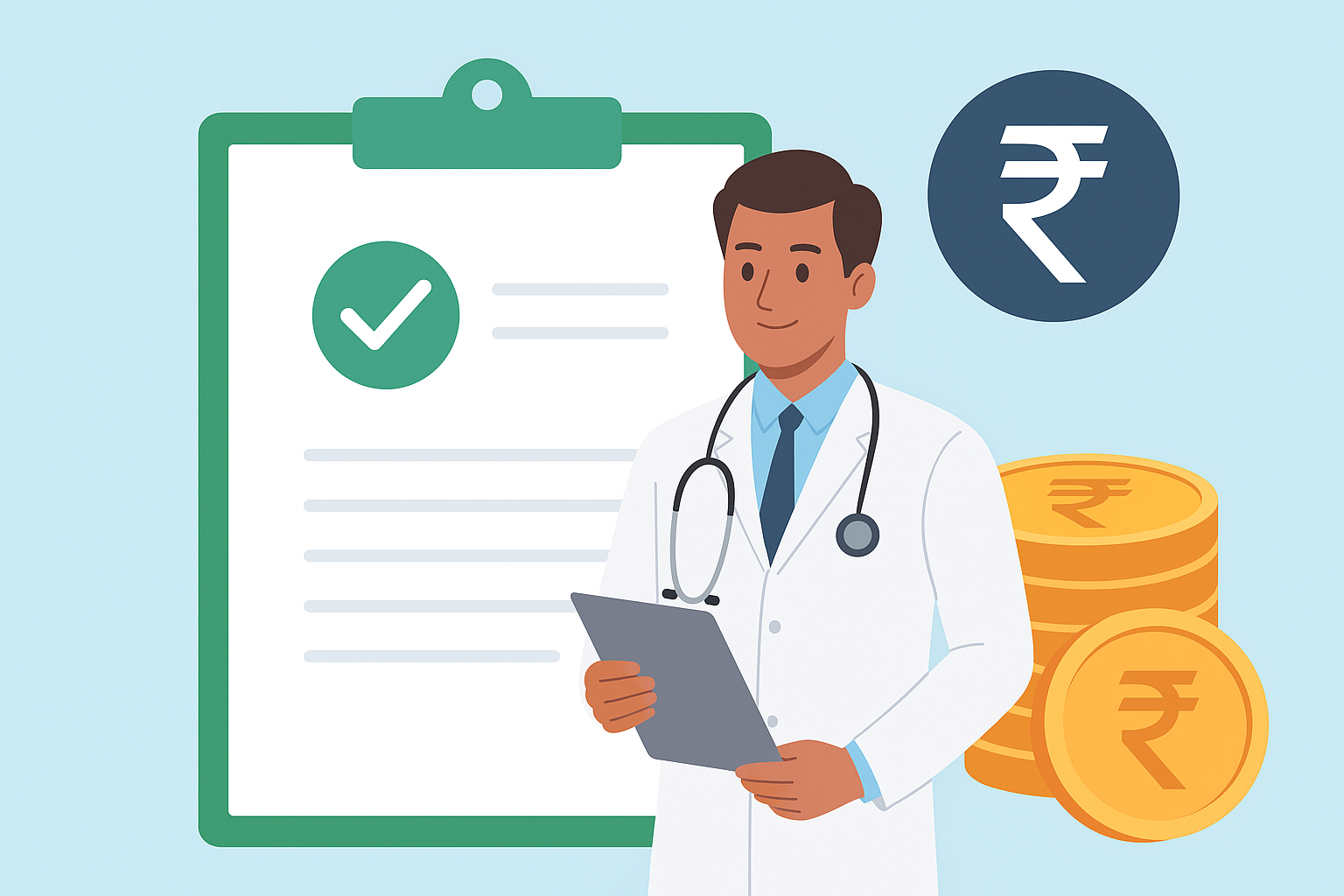 Ayushman Bharat PMJAY claims cleared in 2025, doctor and health insurance illustration