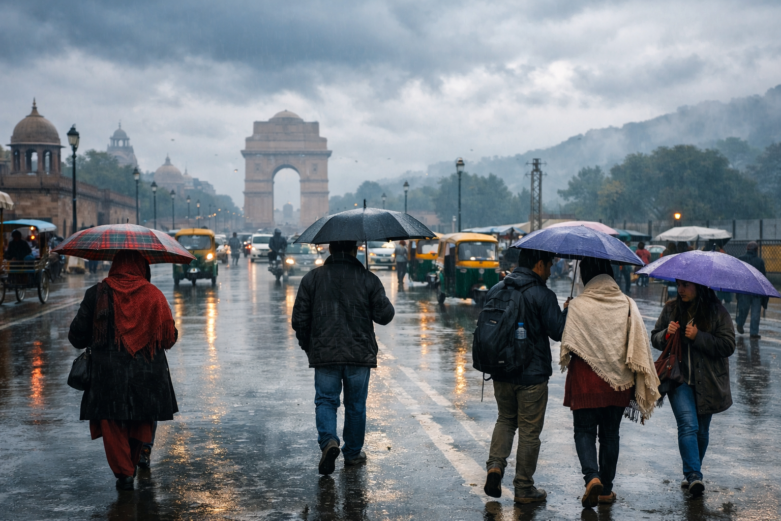 आज भारत में बारिश और ठंड के मौसम के बीच छाता लेकर चलते लोग, शहर की सड़कों पर बदला हुआ मौसम